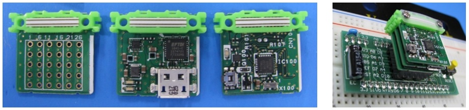 3種類のリーフ（左から29pinリーフ、USBリーフ、MCUリーフ）と組立外観